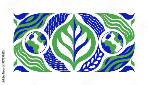 Abstract illustration of leaves and globe in green and blue tones  