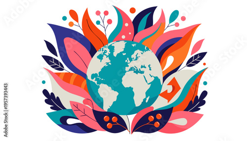 Vibrant illustration of Earth surrounded by colorful floral patterns  