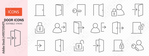 Door icons big set. Open door icons. Open, close and ajar door, login, logout, register, password, vip entrance, key, lock, exit and more. Editable stroke. Vector illustration
