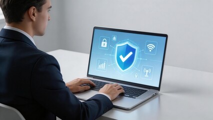 Businessman working on laptop with security icons