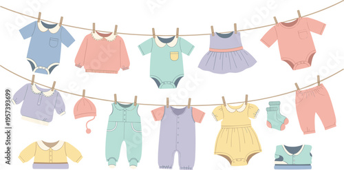 Pastel Baby Clothes Hanging on a Clothesline Vector Illustration Featuring Cute Bodysuits Dresses Rompers and Outfits for Baby Shower Invitations Nursery Decor and New Arrival Announcements