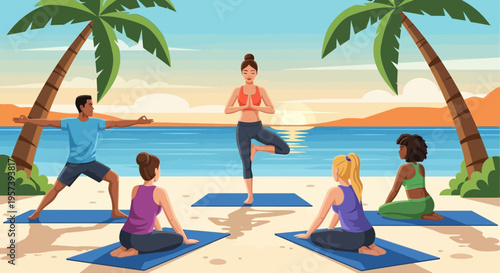 Diverse group practicing yoga on beach at sunset with palm trees