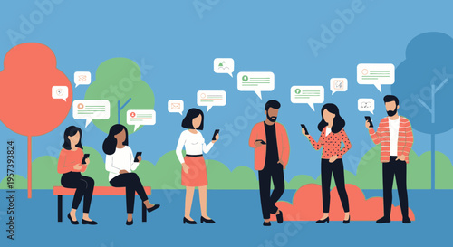 Diverse people in park using smartphones, communicating via social media and messaging apps