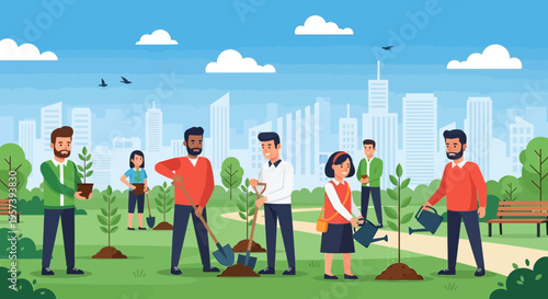 Diverse people planting trees in a city park, urban greening, environmental care