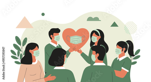 Diverse people wear masks holding a heart with a mask, symbolizing unity and care during pandemic