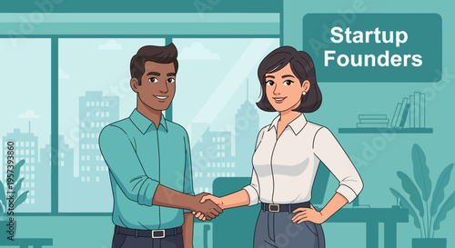 Diverse Startup Founders Shaking Hands in Modern Office, Business Partnership Concept