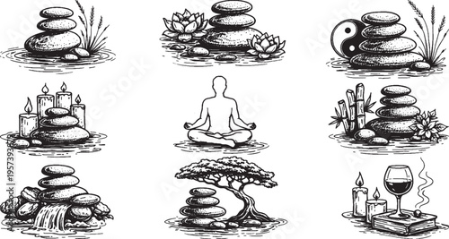 Zen spa stones set with candles, lotus, bonsai, yin yang, meditation sketch style vector icons