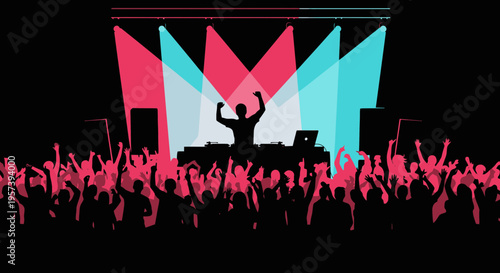 DJ performing for cheering crowd at concert with colorful stage lights