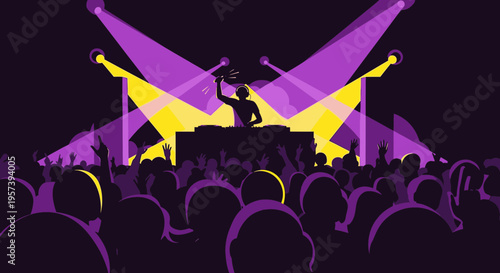 DJ performing live set on stage with crowd dancing under colorful spotlights at night club party