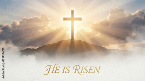 Cross silhouette against a bright sunrise with rays of light shining through clouds over a mountain landscape, featuring the text 