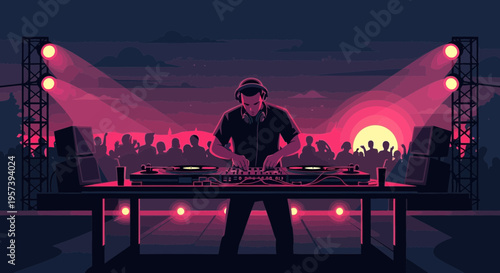 DJ performing set at outdoor music festival with crowd and stage lights at sunset