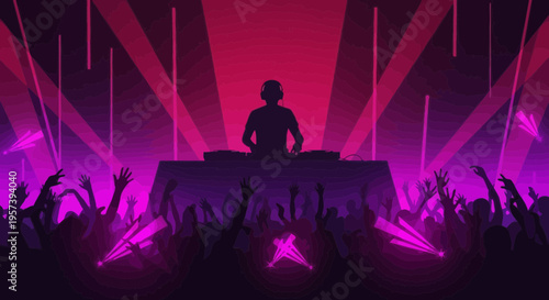 DJ playing music at a vibrant concert with energetic crowd and laser lights