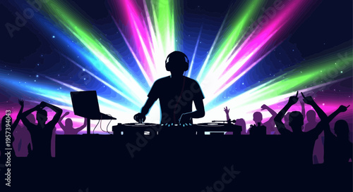 DJ playing music at a party with colorful lights and dancing crowd