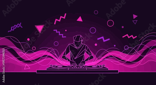 DJ playing music with abstract neon sound waves and geometric shapes, vibrant pink and purple.
