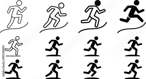 Running person icon set, runner silhouette collection, jogging sprint motion symbols, fitness activity pictogram isolated vector pack