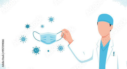 Doctor holding a face mask surrounded by coronavirus particles, medical protection concept