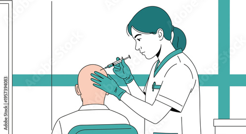 Doctor performing hair transplant injection on bald man's head for hair regrowth treatment