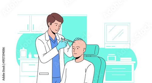 Doctor performing hair transplant surgery on a bald man in a clinic