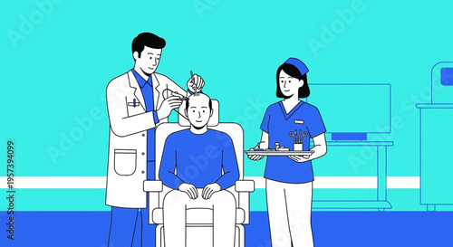Doctor performing hair transplant surgery on patient in clinic, nurse assisting
