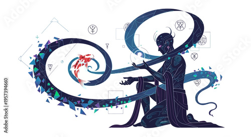 Mystical Celestial Being with Koi Fish and Cosmic Swirl