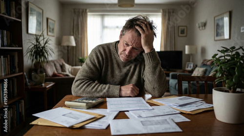 Middle-aged man with gray hair stressed over financial documents at a wooden table in a living room with plants and a sofa. For inflation, financial crisis and cost of living content, space for text