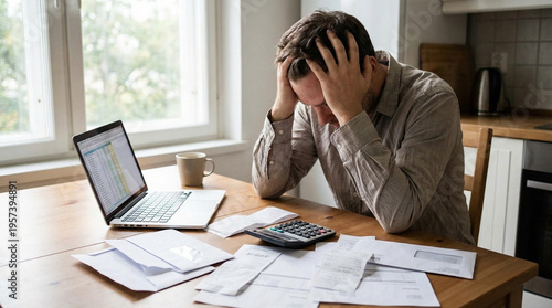 Man with brown hair sitting at a wooden table, stressed while reviewing bills and financial documents with a laptop and calculator nearby. For inflation, financial crisisand cost of living content