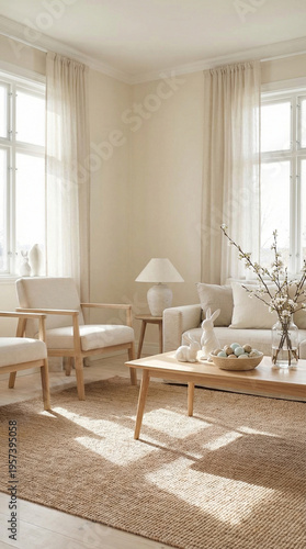 Modern living room interior featuring light-colored furniture, a wooden coffee table with colored eggs, and large windows allowing natural light to illuminate the space. Spring and Easter concept