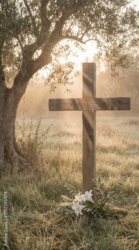 Wooden cross surrounded by white lilies in a misty field at sunrise, with an olive tree providing shade in the background. For religious content, Easter concept, vertical photo with space for text