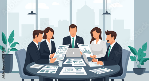 Business team meeting in modern office with city view in flat design style for corporate branding