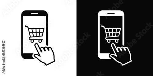 Hand touching a smartphone screen with a shopping cart icon. Creative concept for e-commerce, online mobile shopping, digital marketing, and user interface design in black and white styles.