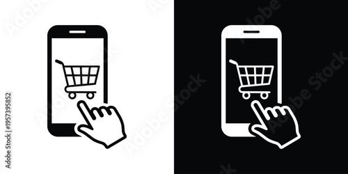 Hand touching a smartphone screen with a shopping cart icon. Creative concept for e-commerce, online mobile shopping, digital marketing, and user interface design in black and white styles.
