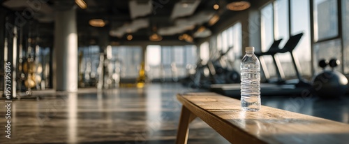 Fitness gym bench with bottled water in focus and blurred cardio equipment background for workout hydration poster and wellness design