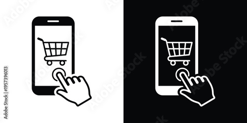 Hand touching a smartphone screen with a shopping cart icon. Creative concept for e-commerce, online mobile shopping, digital marketing, and user interface design in black and white styles.