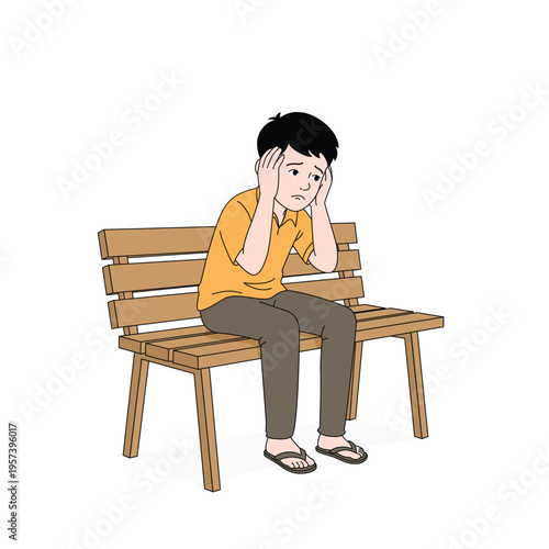 Sad Boy Sitting on Bench Holding Head with Headache or Stress Illustration