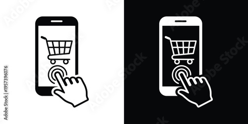 Hand touching a smartphone screen with a shopping cart icon. Creative concept for e-commerce, online mobile shopping, digital marketing, and user interface design in black and white styles.