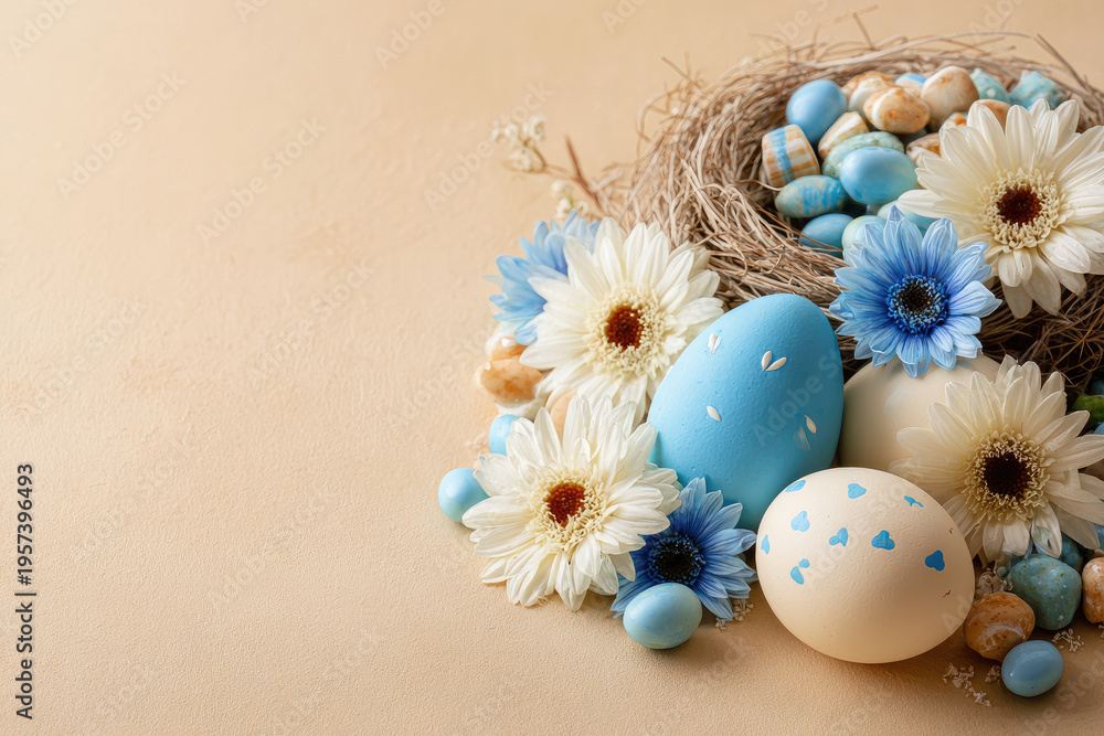 Obraz premium Easter eggs with sweets and flowers on beige. Happy Easter concept. White and blue eggs and cute nest with candy