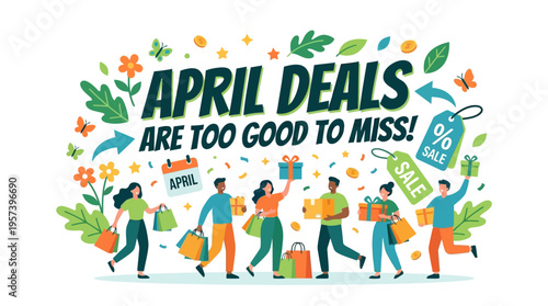 April Deals Promotion with Happy People Shopping Bags and Gifts