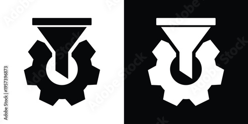 Flat vector icon combining a funnel and a cogwheel. Represents technical filtering, data processing, configuration, and backend system optimization in a bold, high-contrast graphic style.