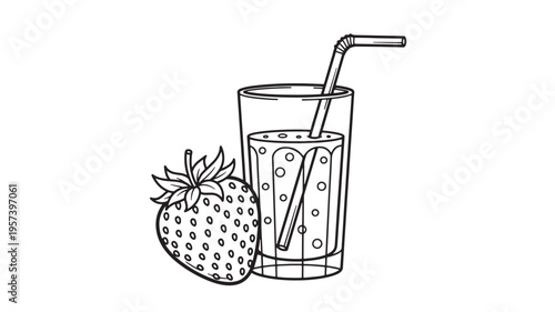 Glass of strawberry juice with a whole strawberry and a straw, hand-drawn outline illustration for simple refreshment.