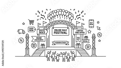 Online Sale Festival Stage with Crowd and Decorations