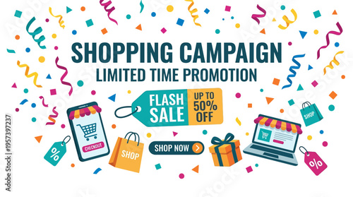 Shopping Campaign Promotional Banner with Confetti