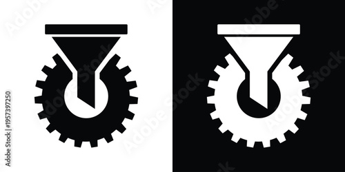 Flat vector icon combining a funnel and a cogwheel. Represents technical filtering, data processing, configuration, and backend system optimization in a bold, high-contrast graphic style.