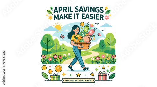 April Savings Woman Carrying Basket of Financial and Nature Elements