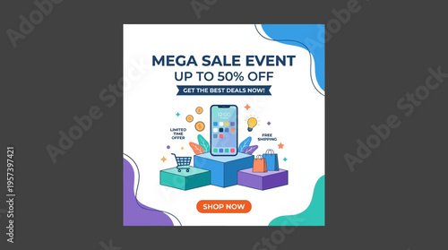 Mega Sale Event Advertisement with Smartphone and Shopping Elements
