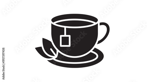 Cup of hot tea with a tea bag and fresh leaves on a saucer, simple black and white icon representing a warm beverage.