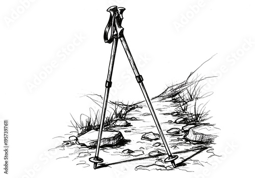 Sketch of hiking poles standing on a rocky trail with sparse vegetation