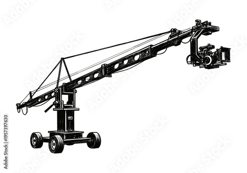 Vintage film camera crane with wheels, illustration in black and white style
