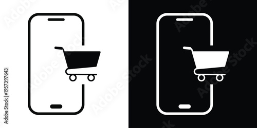 Minimalist line art of a shopping cart integrated into a smartphone frame. Modern icon for mobile commerce, digital retail, e-shop apps, and online marketplace interface design elements.