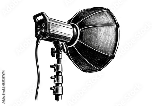 Studio strobe light with softbox modifier on a stand, black and white illustration