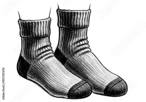 Hand-drawn sketch of cozy, warm wool socks with ribbed cuffs and reinforced heels and toes